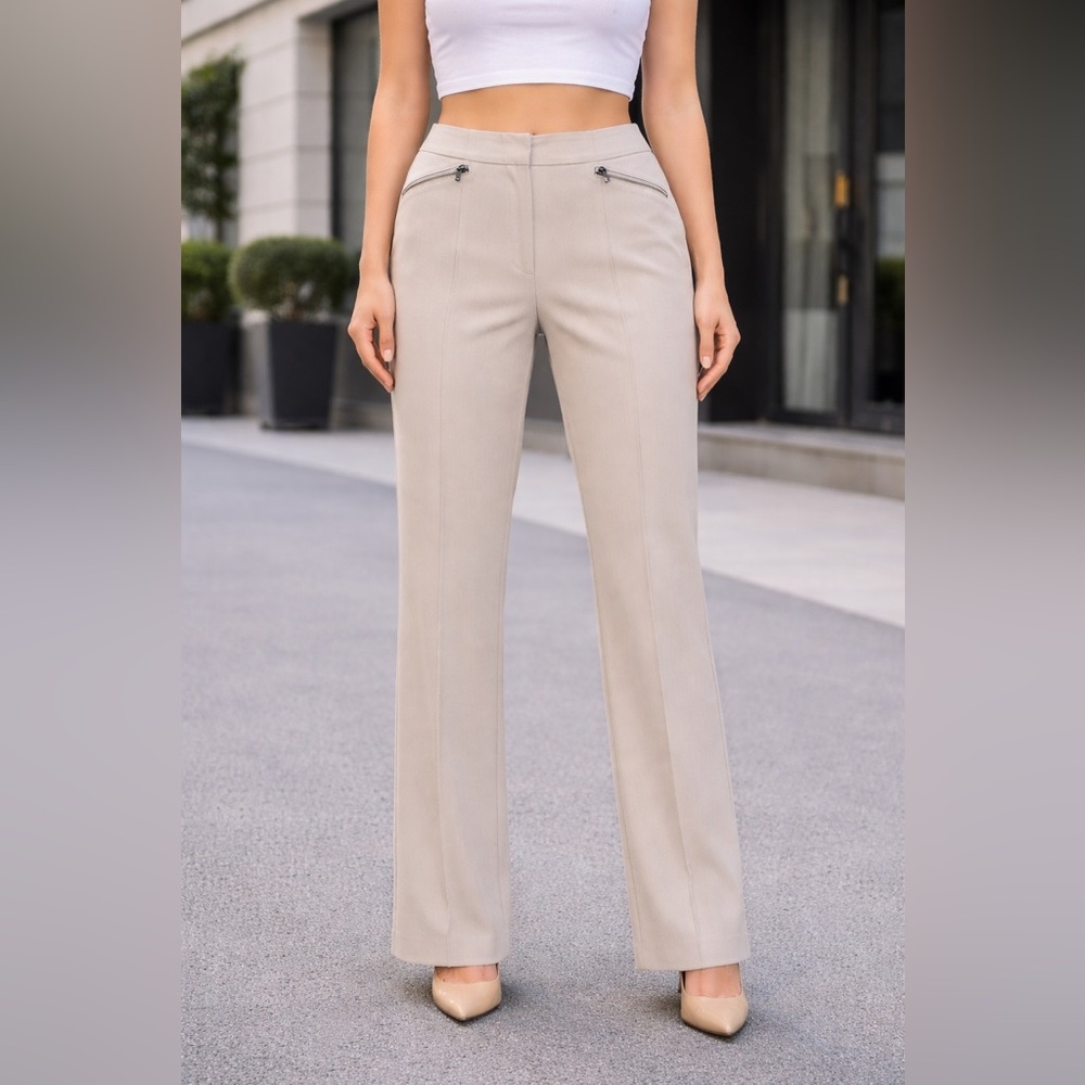 High-Waist Straight-Leg Trousers in Light Beige